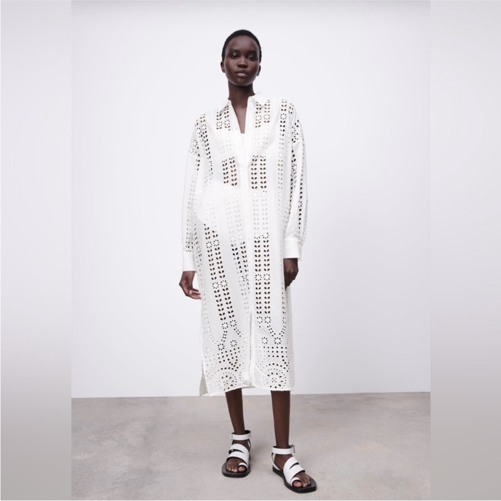 Zara Women Openwork Embroidery Shirt Dress